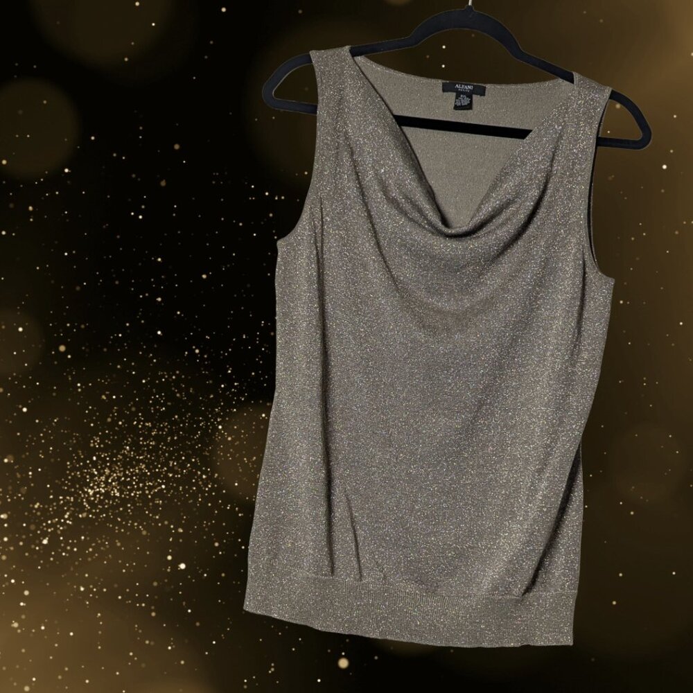 Chic Alfani Petite L Grey/Brown Metallic Cowl Neck Sleeveless Layering Top